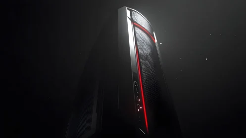 Sleek gaming PC tower with red LED lights in dramatic lighting.