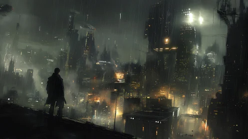 Rain-soaked cyberpunk sentinel above neon-drowned cityscape.