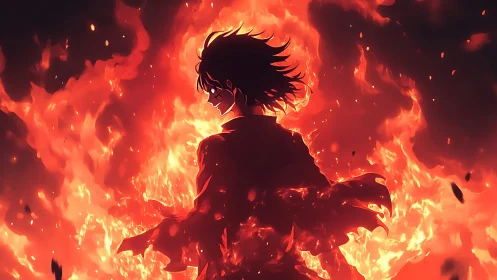 Silhouetted anime figure stands engulfed in intense flames