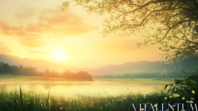 Golden morning sun welcomes a peaceful lakeside meadow
