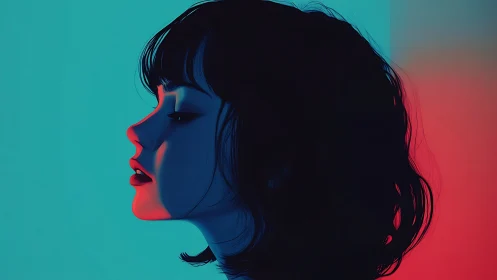 Neon hush profile in cyan and crimson twilight glow.