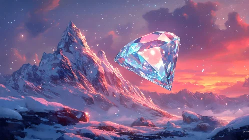 Prismatic diamond hovering above glacial mountain range at dusk