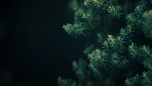 Dense evergreen foliage fills right side against dark void