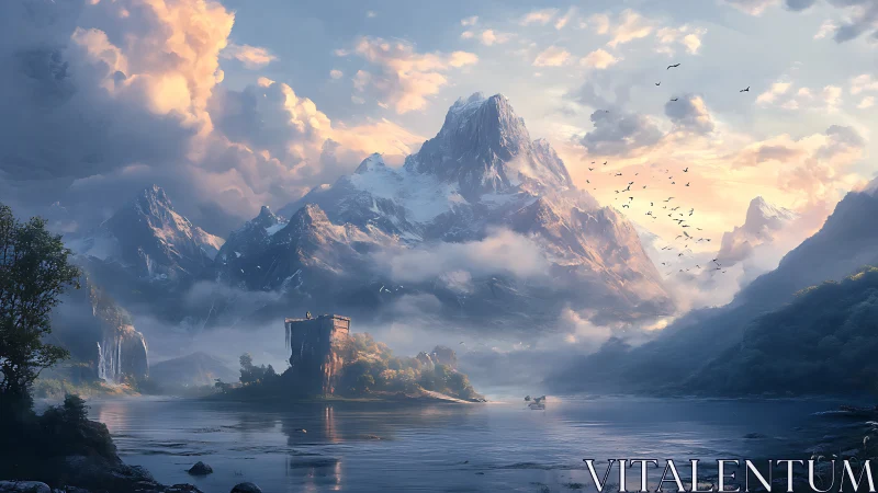 Epic alpine fortress lake under volumetric sunrise clouds