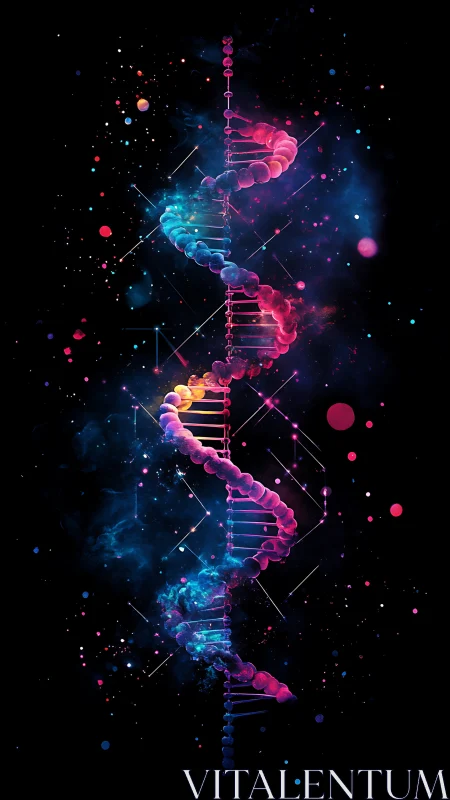 Neon double helix glows amid cosmic particles in deep space.