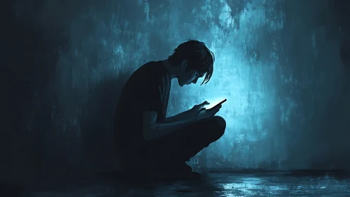 Silhouetted figure examines illuminated phone in dark space