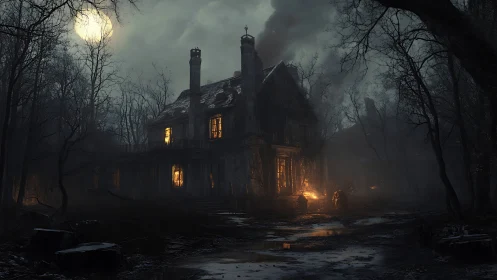 Moonlit ruin broods over a firelit path to haunted doors.