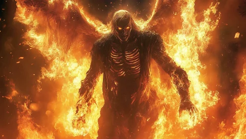 Infernal bone warden strides through wings of raging fire.