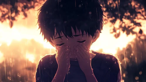 Backlit anime boy crying in warm sunset rain with rim lighting