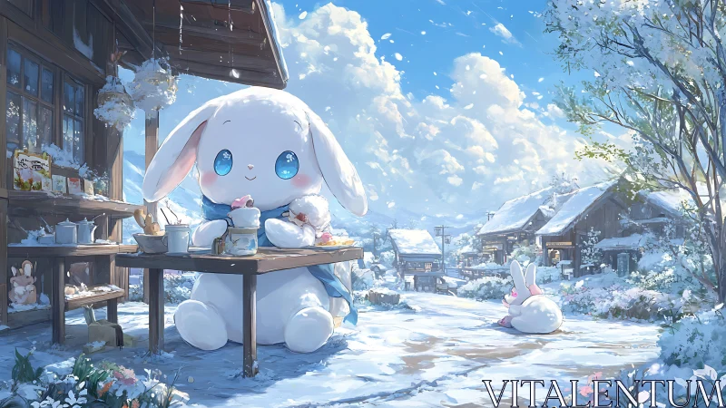 Oversized plush rabbit cooks in sunlit snow-covered village courtyard