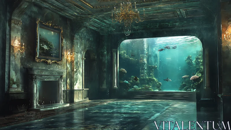 Sunken grand hall merges decayed luxury with glowing reef