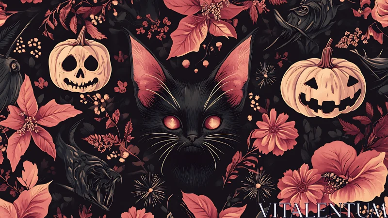 Halloween Black Cat with Jack-O-Lanterns and Autumn Blooms.