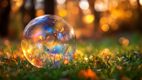Glowing soap bubble rests softly in a golden autumn meadow