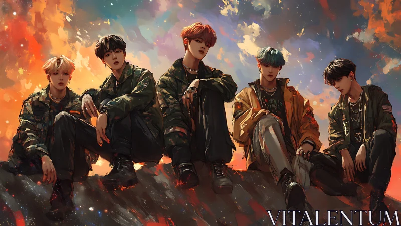 Urban boy band under blazing painterly sunset sky.