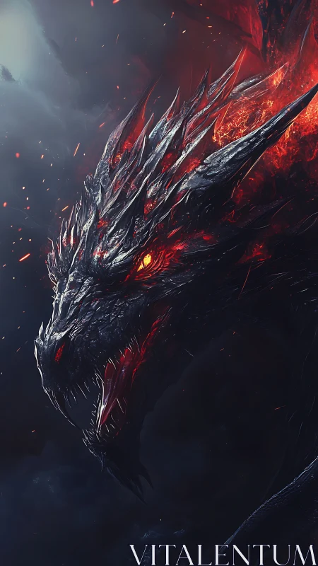 Smoldering fire dragon rises from shadow with glowing fury