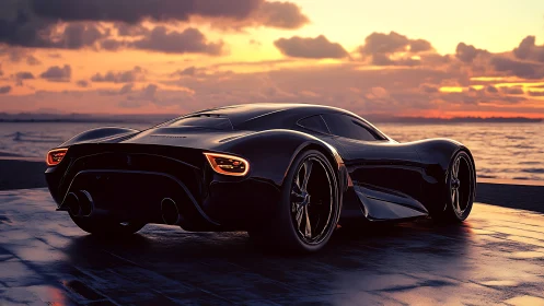 Aerodynamic black hypercar rendered against reflective ocean sunset