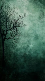 Silhouette of bare tree with perched bird on green background.