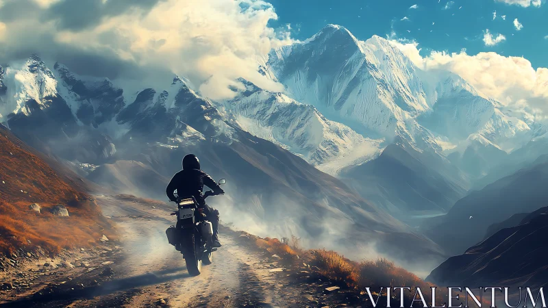 Solitary rider chasing morning light through high peaks.