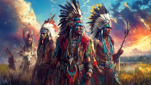 Warriors in ceremonial regalia stand under blazing sunset sky
