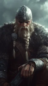 Stormlit viking warlord portrait with fur, steel and braids.