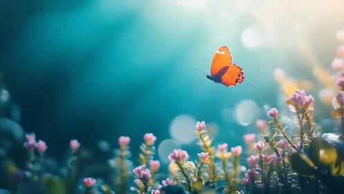 Orange butterfly drifts above dreamy teal spring flowers