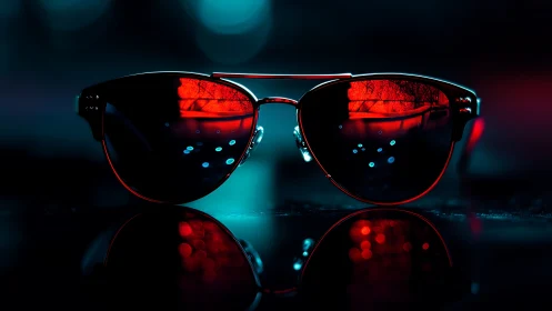 Sunglasses with red lenses in dark neon lighting setup.