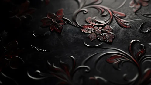 Embossed black surface with red floral ornamental pattern.