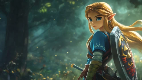 Armored elf warrior in soft forest bokeh with directional rim lighting