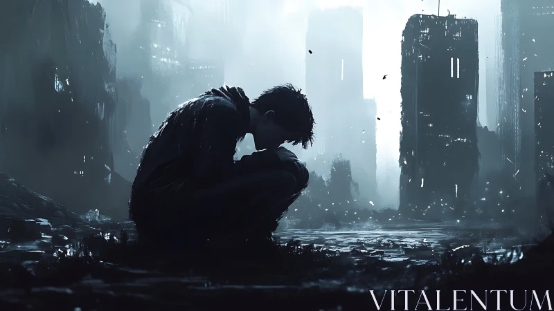 Solitary figure kneels amid ruined high‑rise skyline in cold backlight