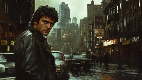 Rain-soaked city street welcomes a lone man in leather