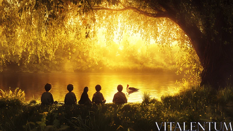 Golden hour lakeside with children under willow tree canopy