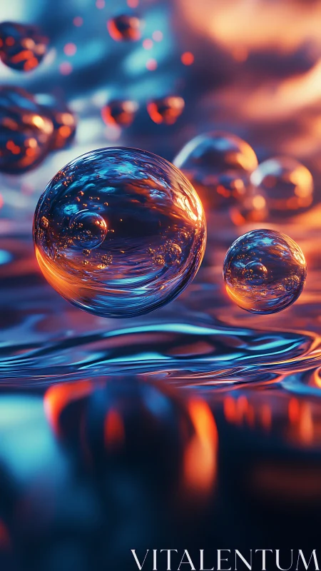 Glasslike spheres over reflective liquid in mixed lighting.