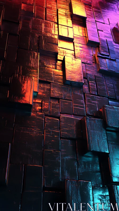 Geometric 3D metallic wall with neon orange and cyan light.