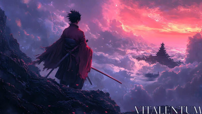 Lone samurai watches cloud sea beneath burning sunset sky.