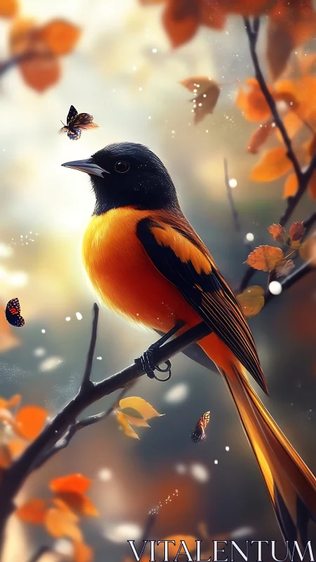 Digital oriole on branch amid glowing autumn butterflies.
