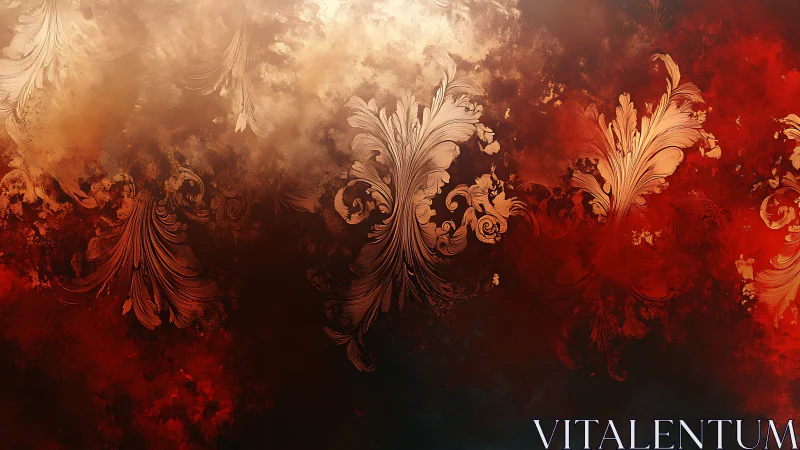Baroque floral scrolls glow across a fiery abstract haze.