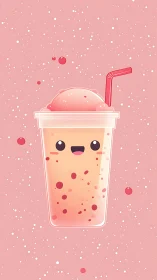 Smiling pink smoothie cup with straw on speckled background