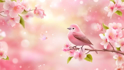 Blush feather serenade among sugar-soft cherry blooms.