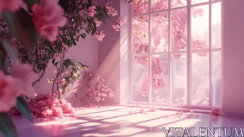 Sunlit room with pink blossoms at large window frame.