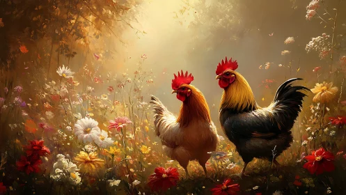 Two roosters stand among flowering plants in warm light