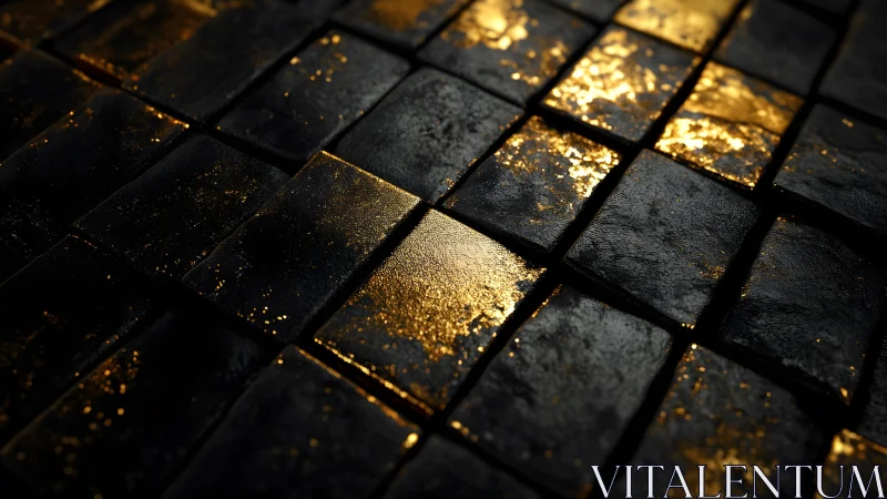 Close-up of Black Stone Tiles with Golden Glitter Abstract Texture.