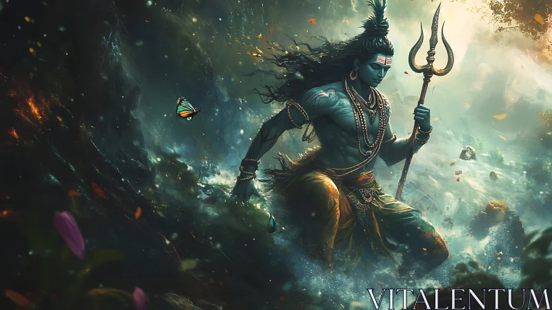 Mythic blue deity strides through stormlit sacred river.