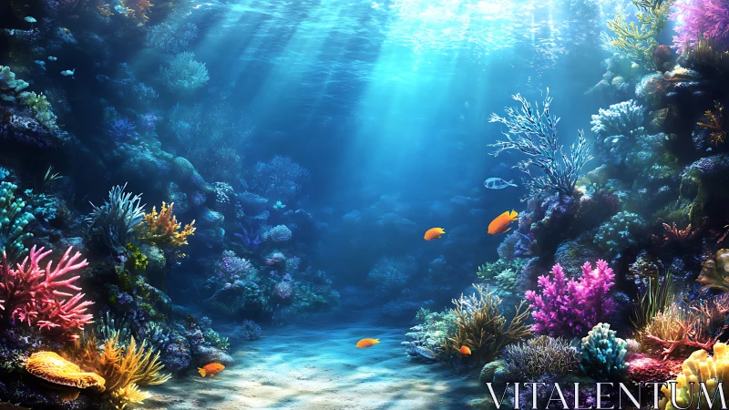 Sunlit coral ballroom where tiny golden fish drift slowly.