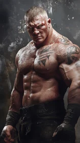 Scarred titan glares through smoke, muscles carved from thunder