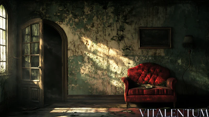 Sunlit red sofa resting in a hauntingly quiet faded room.