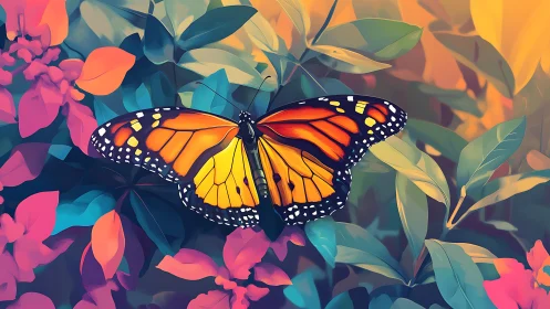 Monarch butterfly rests on stylized foliage in vivid colors