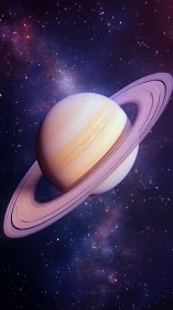 Saturn’s luminous rings glow against a starry nebula sky.