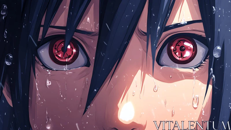 Intense anime close-up with rain-soaked face and glowing eyes.