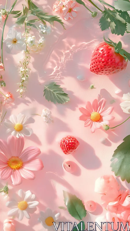 Strawberries Waltz Through Blooming Florals in Pink Waters