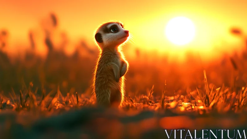Digital meerkat portrait against vivid orange sunset glow.